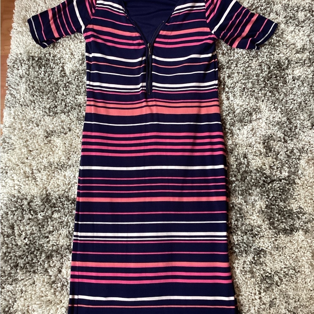 Reitmans Navy and Pink/Coral Striped Midi Dress